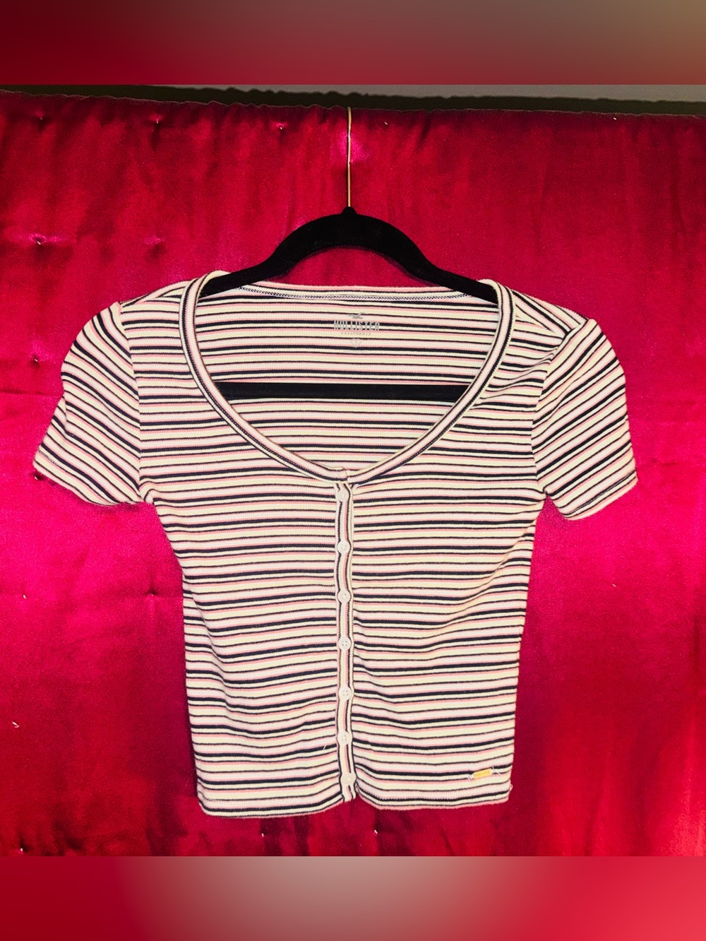 Crown Size Small Cute Hollister Striped Button-Front Crop Top - White/Black/Pink